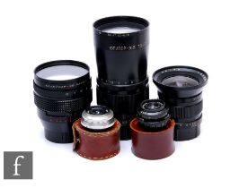 A collection of various Soviet lenses, to include MIR 45mm f3.5 lens for medium format Kiev 88,