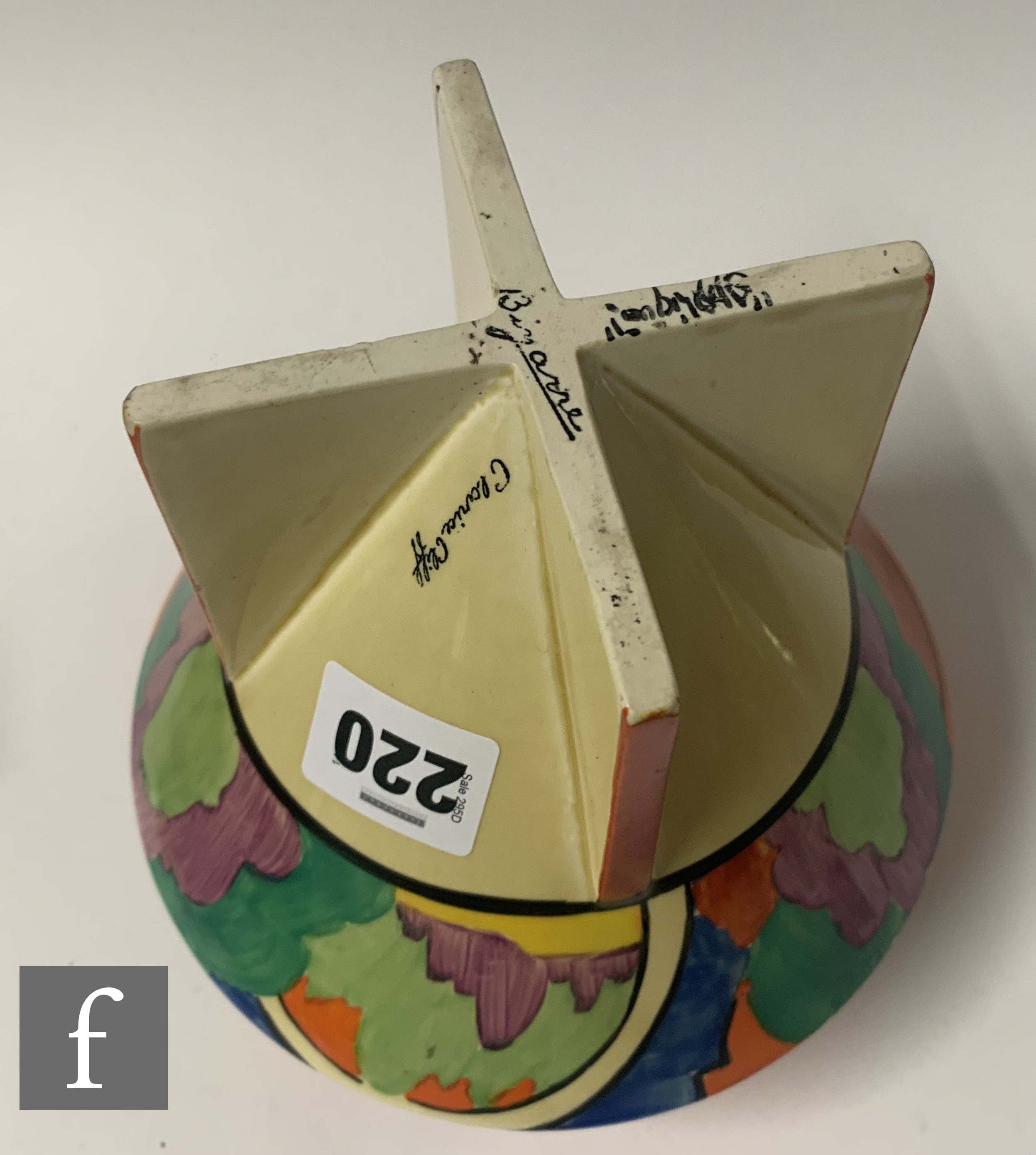 Clarice Cliff - Applique Avignon - A Conical shape rose bowl circa 1930, hand painted with a - Image 6 of 6