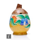 Clarice Cliff - Canterbury Bells - A Daffodil shape preserve pot and cover circa 1933, hand