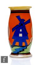 Clarice Cliff - Applique Windmill - A shape 265 vase circa 1930, hand painted with a stylised