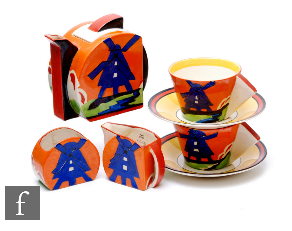 Clarice Cliff - Applique Windmill - A Stamford shape early morning breakfast set comprising