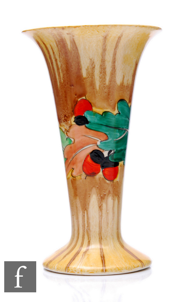 Clarice Cliff - Oak Leaves (Acorn) - A shape 278 trumpet vase circa 1934, hand painted with a