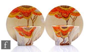 Clarice Cliff - Rhodanthe - A Daffodil shape coffee cup and saucer circa 1934, hand painted with a