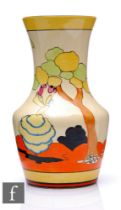 Clarice Cliff - Applique Idyll - A large shape 385 'Mallet' vase circa 1930, hand painted with a