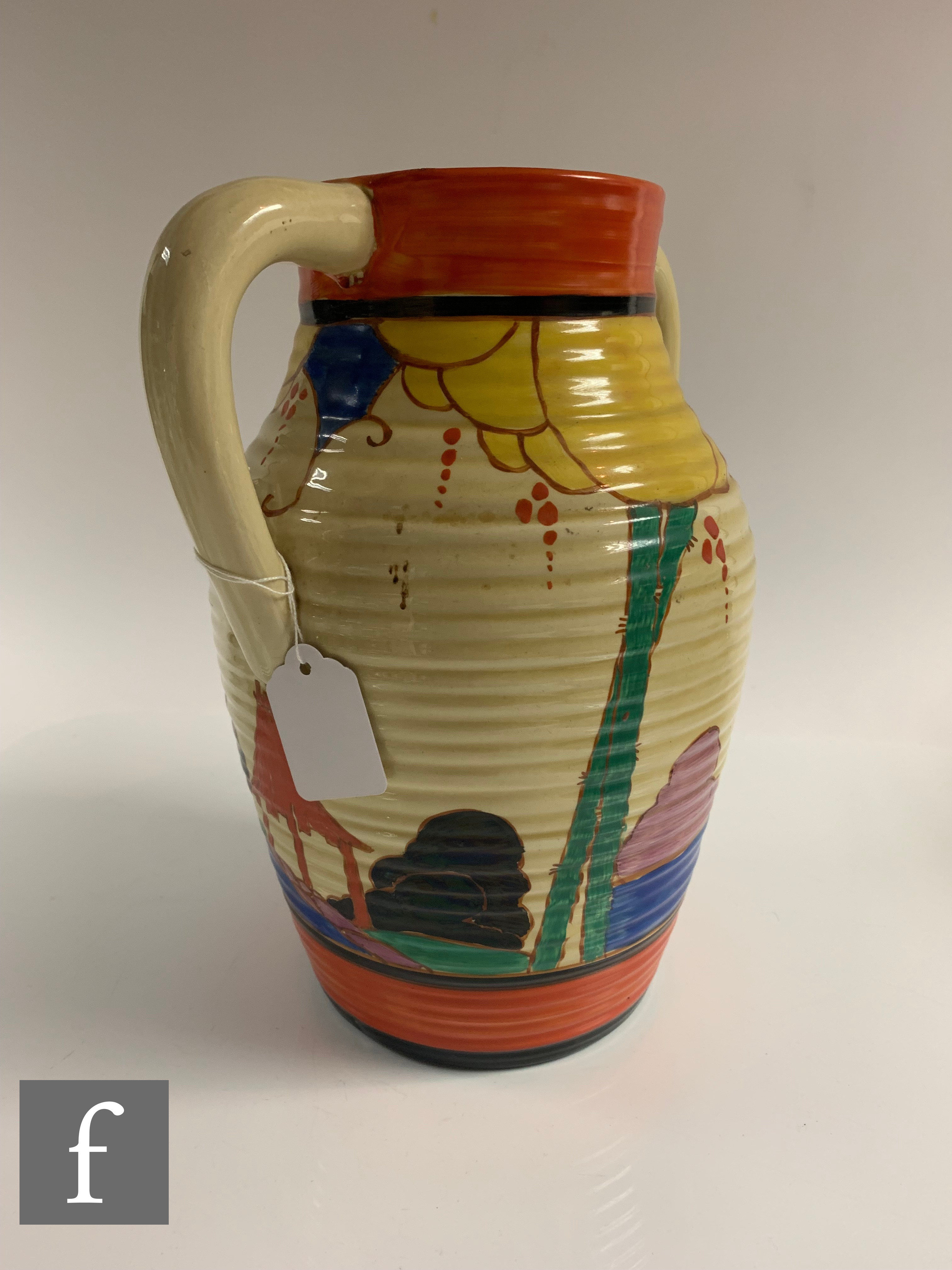 Clarice Cliff - Summerhouse - A double handled Lotus jug circa 1932, hand painted with a stylised - Image 3 of 7