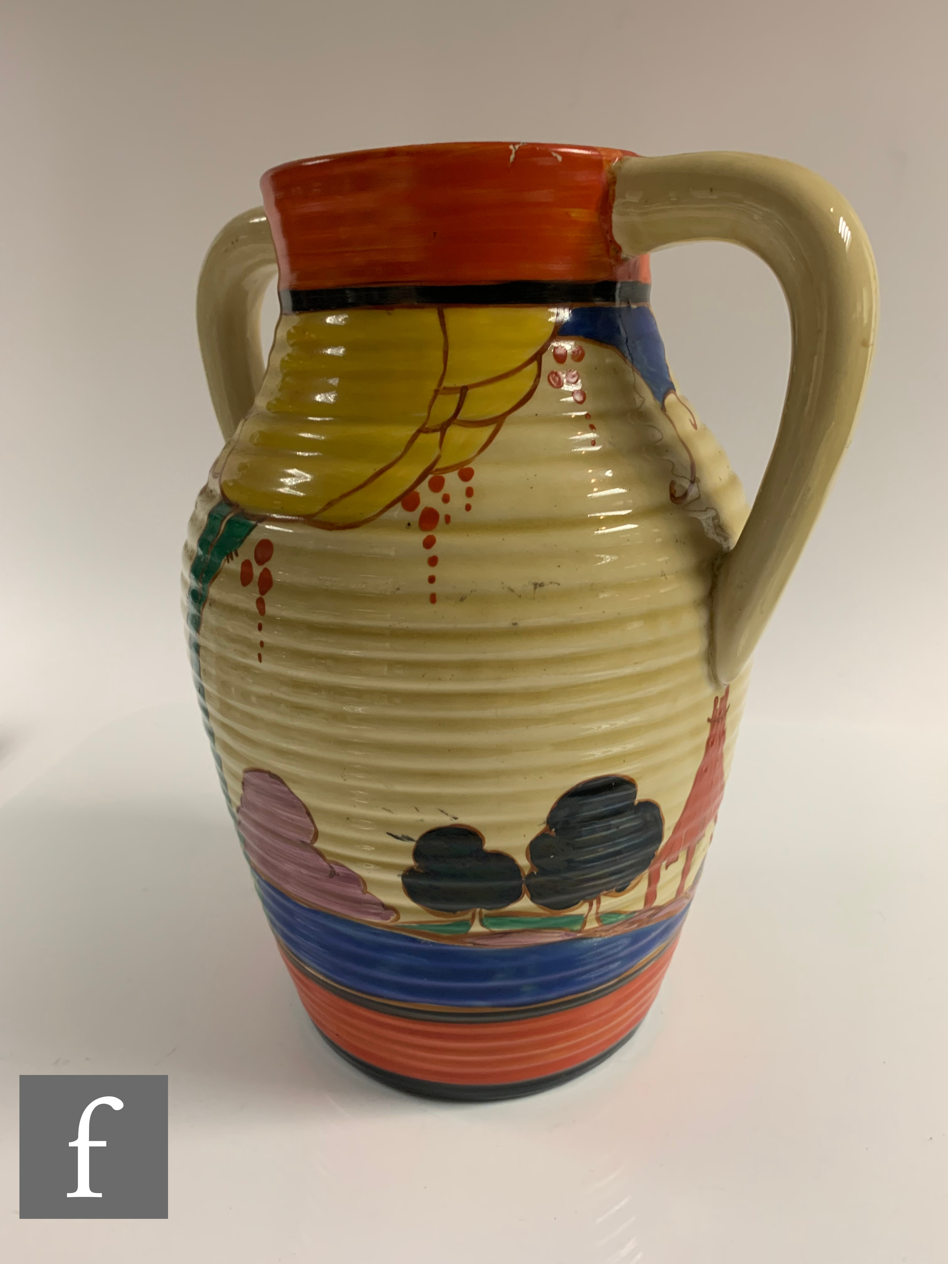 Clarice Cliff - Summerhouse - A double handled Lotus jug circa 1932, hand painted with a stylised - Image 4 of 7