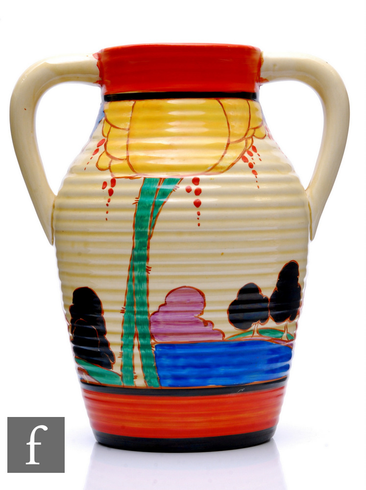 Clarice Cliff - Summerhouse - A double handled Lotus jug circa 1932, hand painted with a stylised