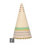 Clarice Cliff - Banded - A conical sugar shaker circa 1936, hand decorated with green, yellow,