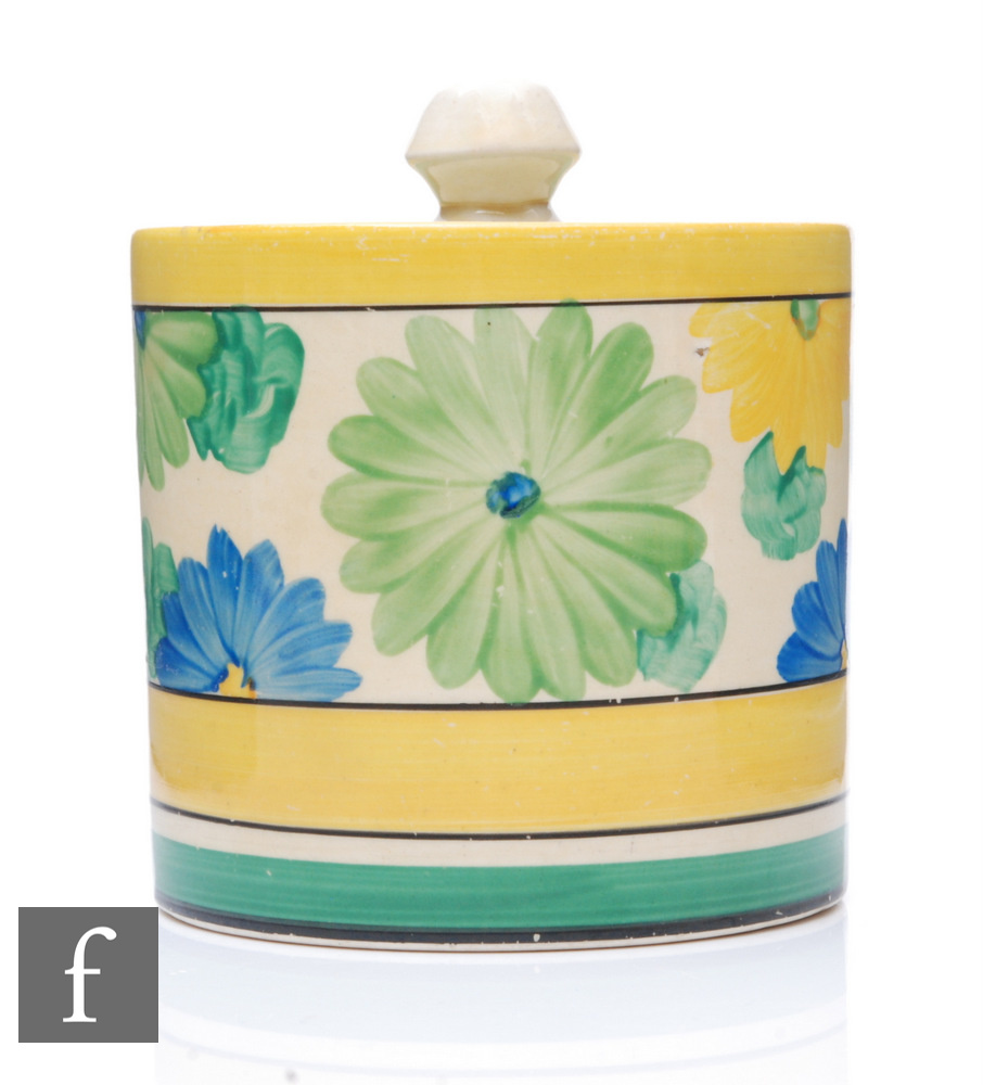 Clarice Cliff - Sungay - A size 3 Drum shape preserve pot and cover circa 1932, hand painted with