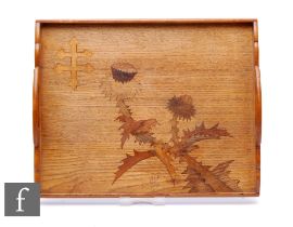 Emille Galle - An Art Nouveau marquetry wood twin-handled tray, of rectangular form, decorated