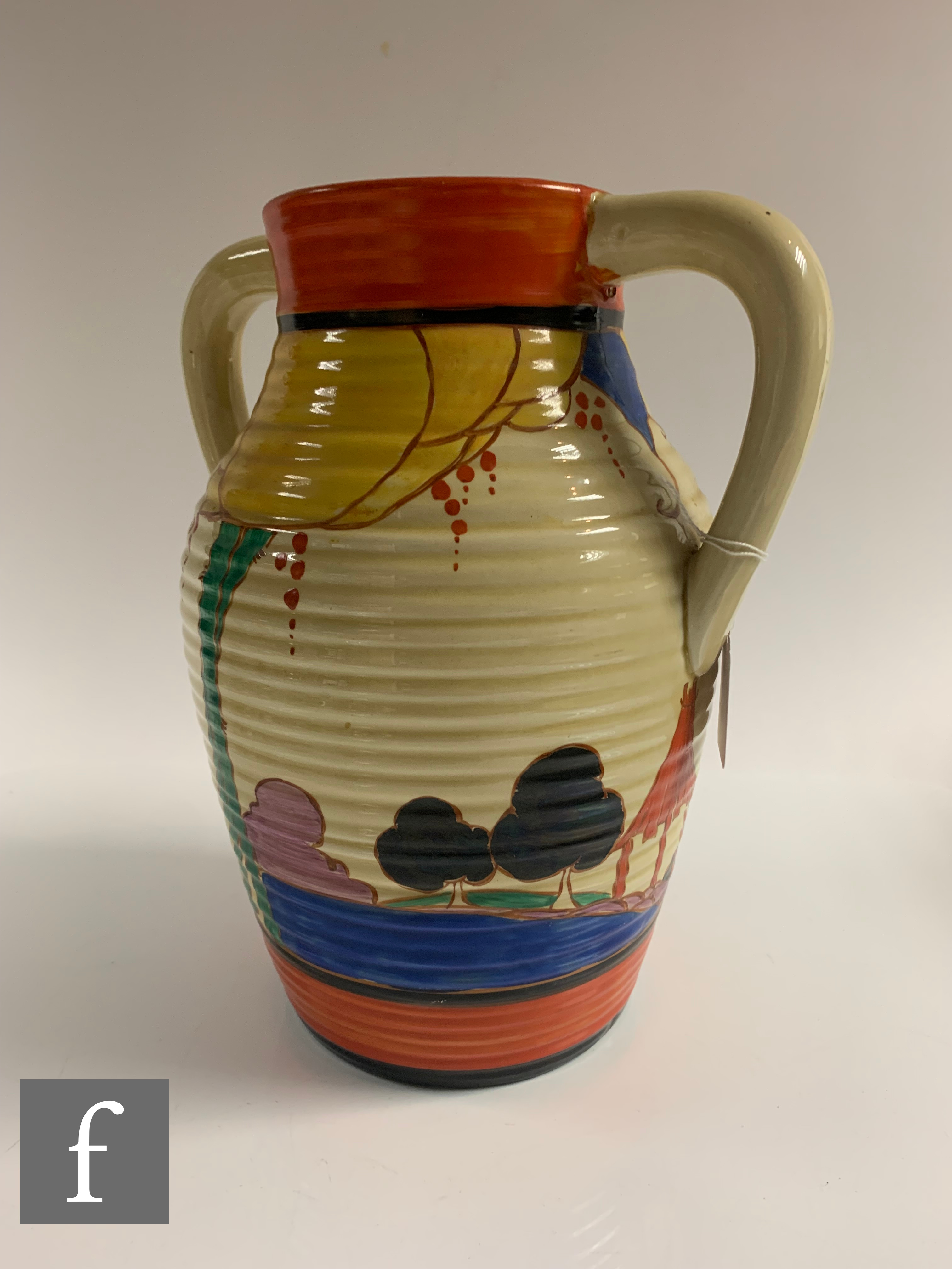Clarice Cliff - Summerhouse - A double handled Lotus jug circa 1932, hand painted with a stylised - Image 2 of 7