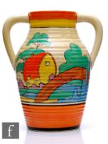 Clarice Cliff - Orange Roof Cottage - A double handled Lotus jug circa 1932, hand painted with a