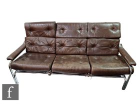 Tim Bates - Pieff Furniture - A 1970s 'Alpha' tubular chrome and brown leather three seater sofa,