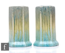 Ruskin Pottery - A near pair of 1930s pottery vases, each of footed hexagonal sleeve form, decorated