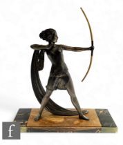 Gilbert - A large 1930s Art Deco patinated spelter figure modelled as Diana the Huntress in standing