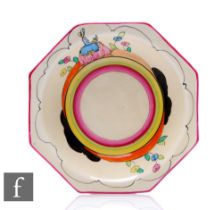 Clarice Cliff - Applique Idyll - An Octagonal grapefruit dish circa 1932, hand painted to the border