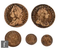 George I - Two shillings, 1723 and 1743, a Maundy one pence, 1757, and a two pence, 1763. (4)