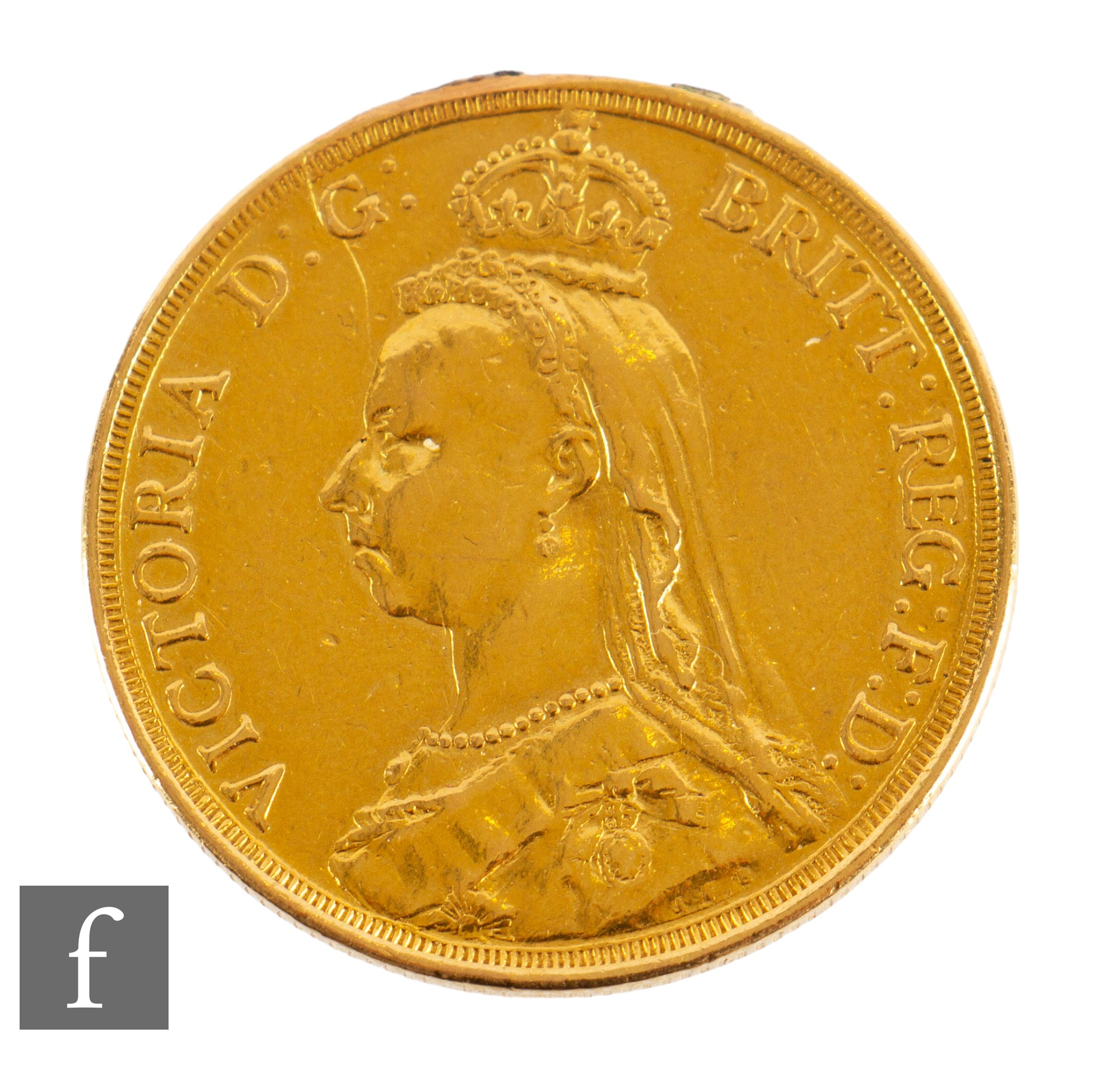 Victoria - An 1887 gold two pounds, reverse St George & Dragon, previously mounted, weight 15.9g