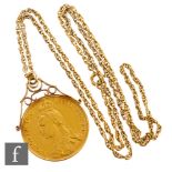 Victoria - An 1887 gold two pounds with pierced pendant mount, weight 17.2g, with unmarked chain,