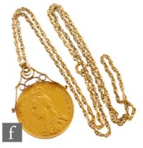 Victoria - An 1887 gold two pounds with pierced pendant mount, weight 17.2g, with unmarked chain,