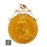 Victoria - An 1887 gold two pounds, reverse St George & Dragon, with pierced pendant mount, weight