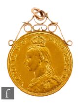 Victoria - An 1887 gold two pounds, reverse St George & Dragon, with pierced pendant mount, weight