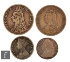 George II to Victoria - A 1743 shilling, two double florins, 1888 and 1889 and an 1849 Gothic