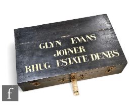 An early 20th Century painted wooden carpenter's tool chest, named 'Glyn Evans Joiner, Rhug