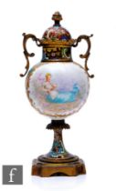 A 19th Century French porcelain vase of spherical form, hand enamelled with a lady in classical