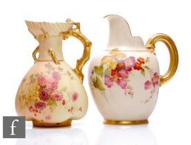 A late 19th Century Royal Worcester flat back jug, shape 1094, decorated with stylised flowers and