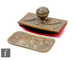 A Victorian brass blotter, pierced screw handle decorated with stag beetles and ladybirds, width