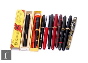 A Watermans black marbled fountain pen, a Similar Burnham pen, a Parker 585, a Conway Stewart and