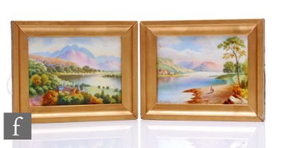 A pair of 19th Century porcelain plaques of rectangular section, each hand enamelled with a scenic