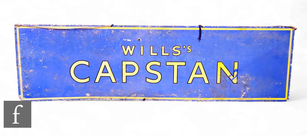 An aluminium sign for 'Will's Capstan', white on a pale blue background, 43cm x 152cm.
