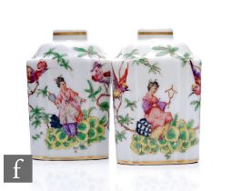 A pair of 19th Century Edme Samson porcelain tea caddies, each of fluted tri-form with shallow