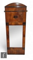 A 19th Century inlaid mahogany rectangular wall mirror, arched top over a square plate, 93cm x 36cm