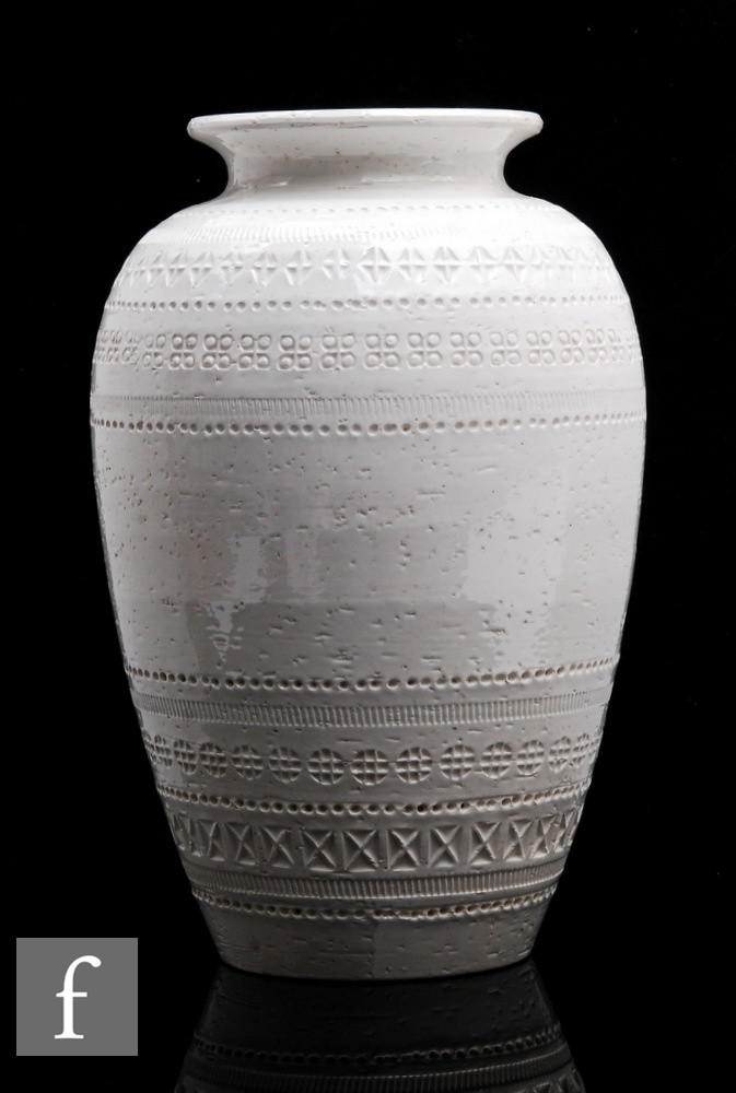A later 20th Century Bitossi vase made for Pier 1, the shouldered ovoid body decorated with bands of