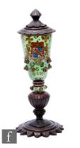 An 18th Century Austro-Hungarian large glass vase of tapered form, decorated with hand painted