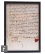A Charles II period indenture dated 1681 by Silvester Sabin, with red wax seal mark, later framed,