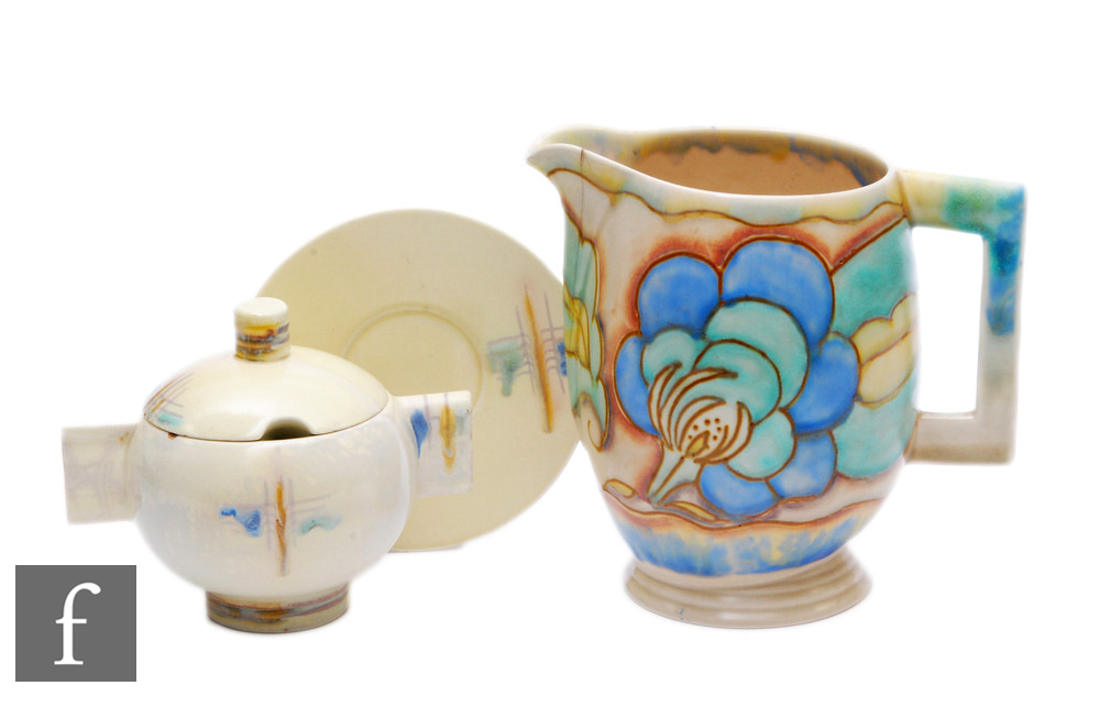 A 1930s Carlton Ware Moderne shape preserve pot, cover and under plate, decorated in a cream