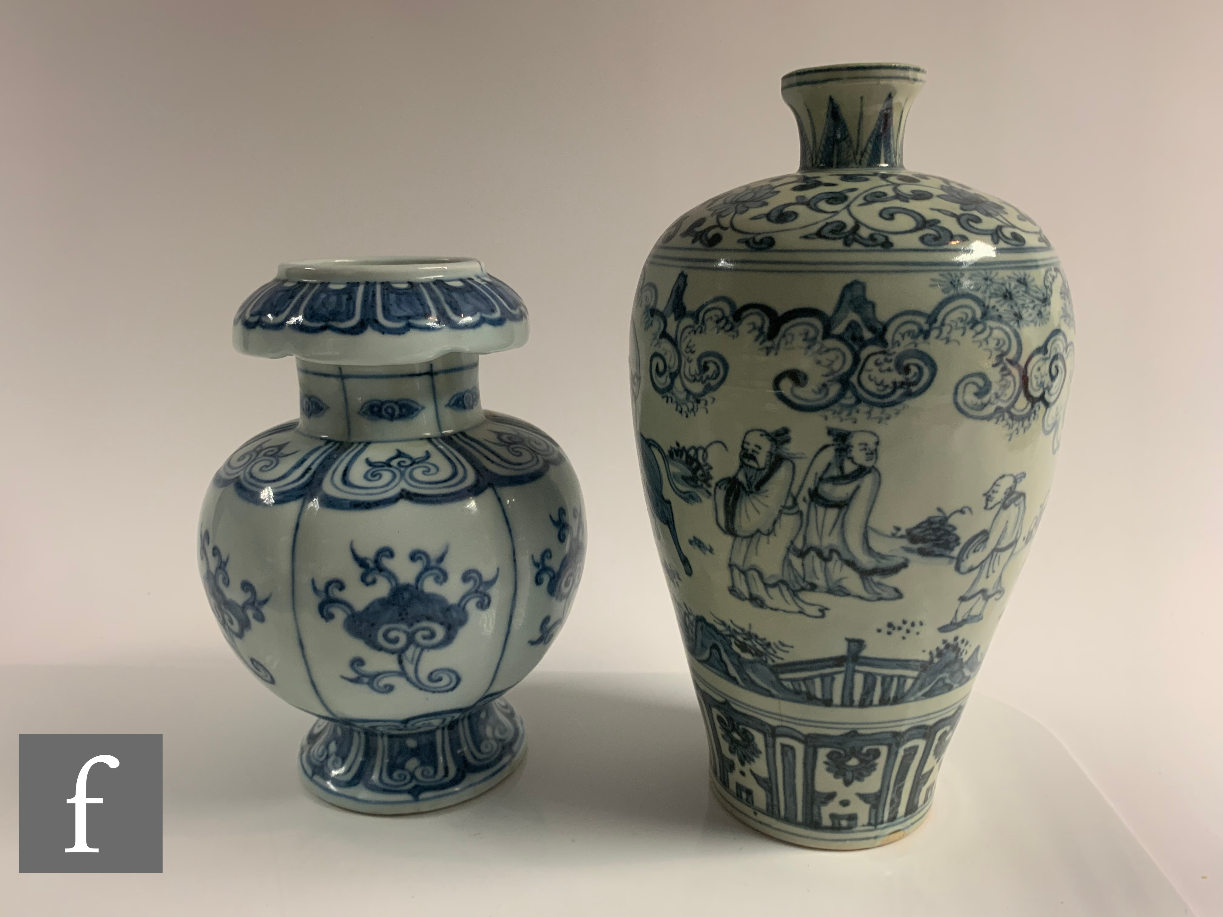 Two Chinese blue and white vases, one of pedestal form with segmented panels, detailed with lotus - Image 4 of 9