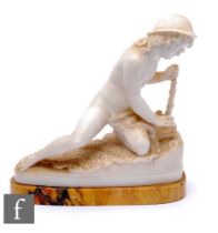 A 19th century Italian white marble sculpture of a young boy partly clothed in an animal skin signed
