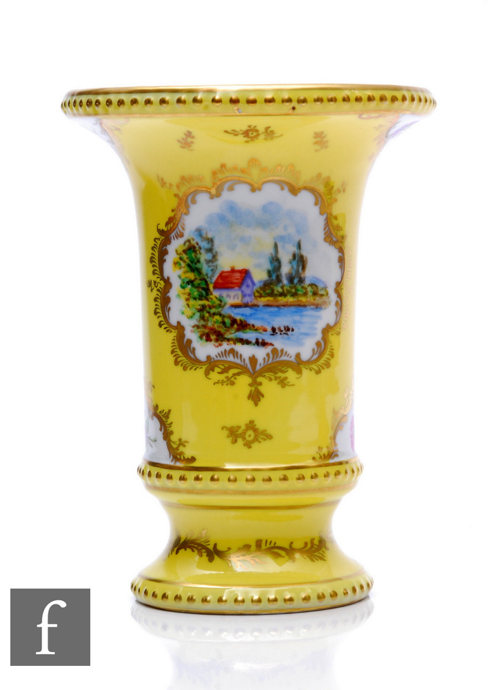 A mid 20th Century Dresden vase of footed sleeve form, hand painted with a landscape cartouche panel