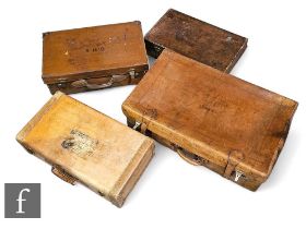 Three vintage brown stitched leather suitcases and a hide example. (4)