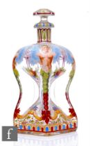 A 19th Century clear crystal ‘Scrooge’ form decanter with collar neck, hand enamelled with winged