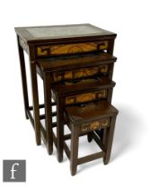A 20th Century carved quartetto nest of tables, each top carved with a Chinese scene and figures,