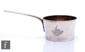 A silver plate brandy warming pan engraved with a stag above 'sapiens dominabitoria astris'.