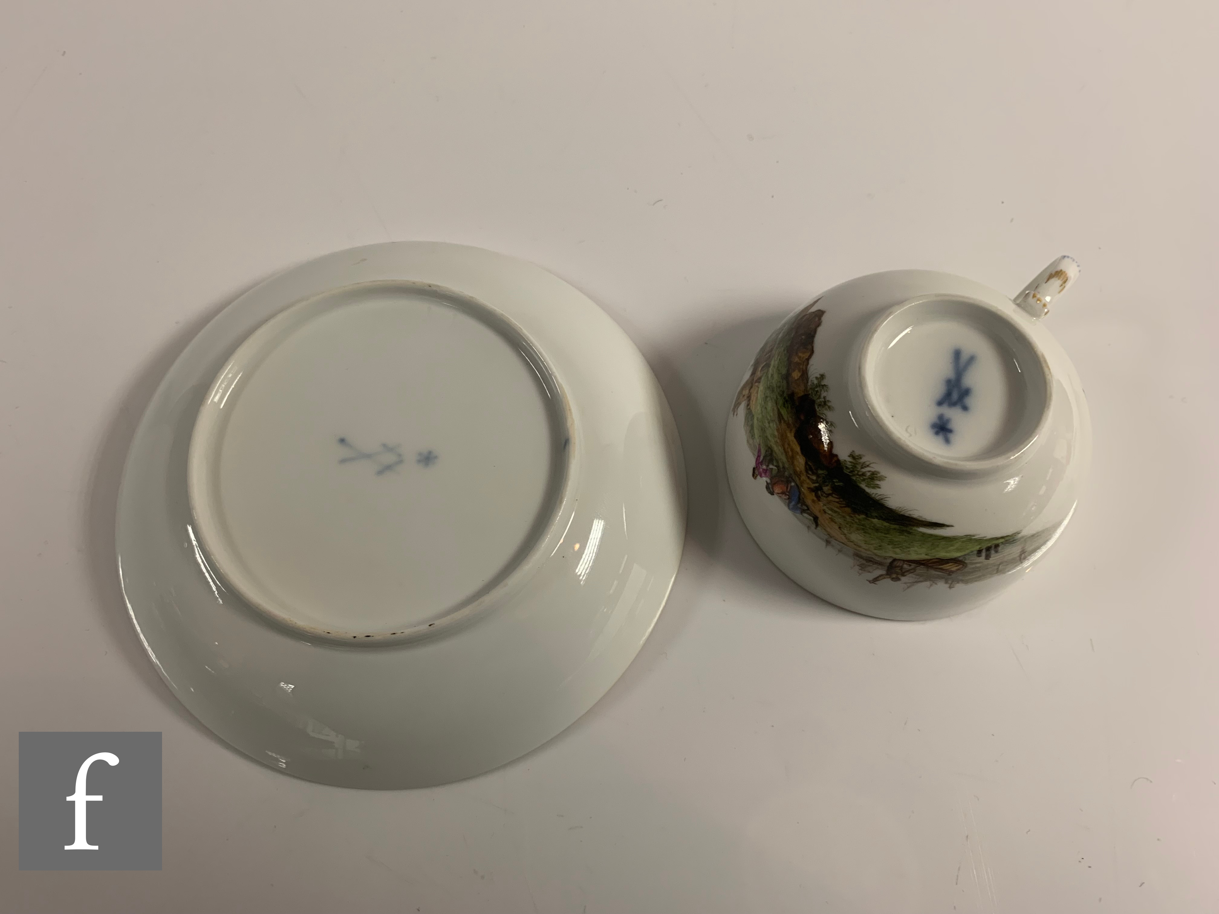 A late 18th Century Meissen porcelain tea cup and saucer, the circular cup with loop handle, hand - Image 2 of 4