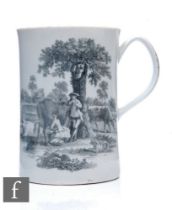 A large 18th Century Worcester mug, circa 1760-65, the straight sided body with ribbed loop