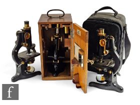 A 20th Century part brass microscope by E.Leitz Wetzlar No 153750, cased, another by Watson